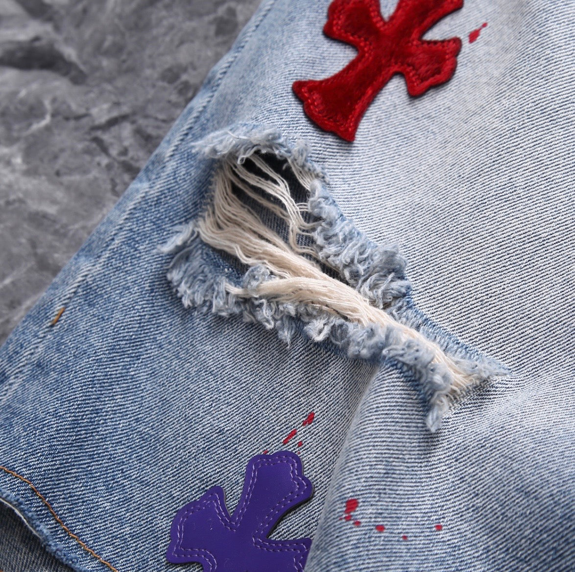 Bleach-Washed Multicolor Cross Patchwork Jorts