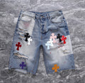 Bleach-Washed Multicolor Cross Patchwork Jorts