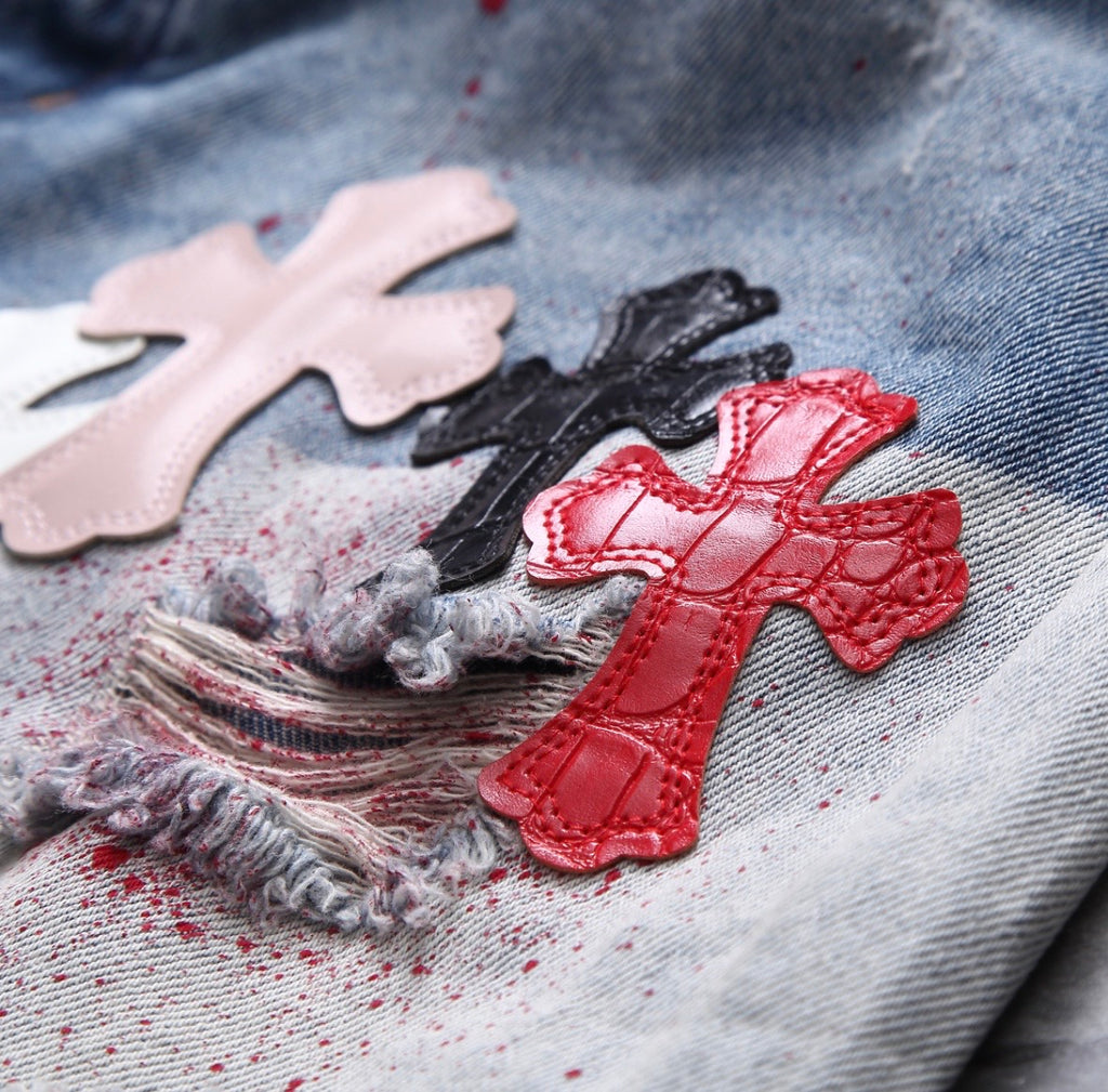Bleach-Washed Multicolor Cross Patchwork Jorts