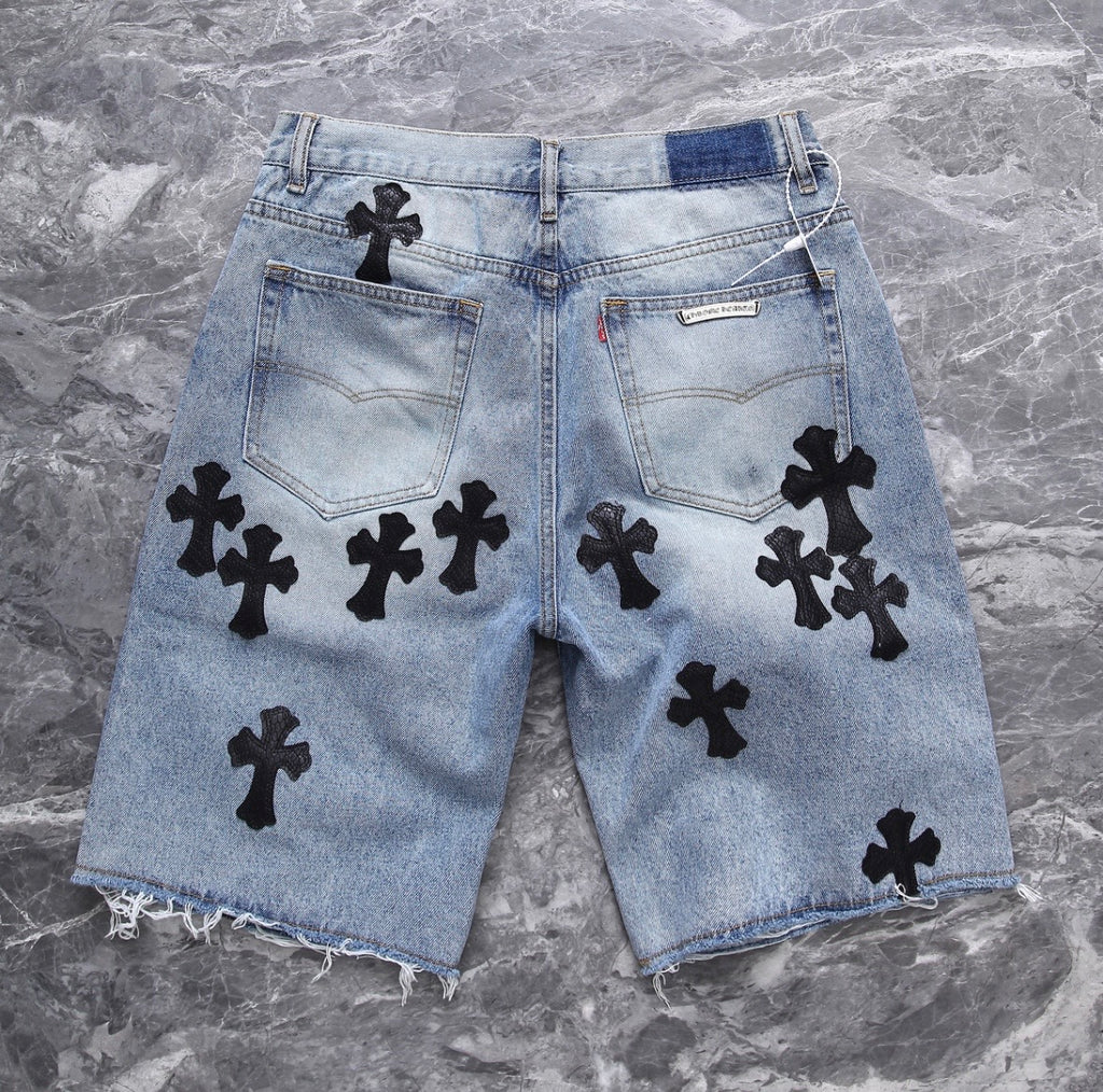 Bleach-Washed Black Cross Patchwork Jorts
