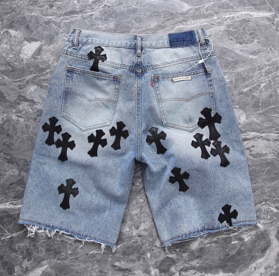 Bleach-Washed Black Cross Patchwork Jorts
