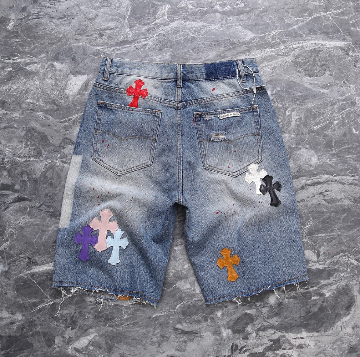 Bleach-Washed Multicolor Cross Patchwork Jorts
