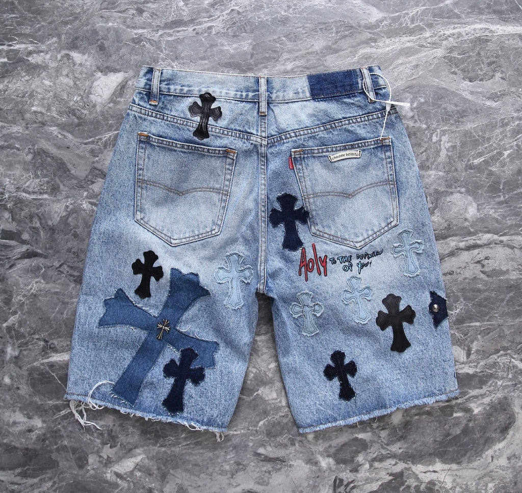 Bleach-Washed Multi-Style Cross Patchwork Jorts