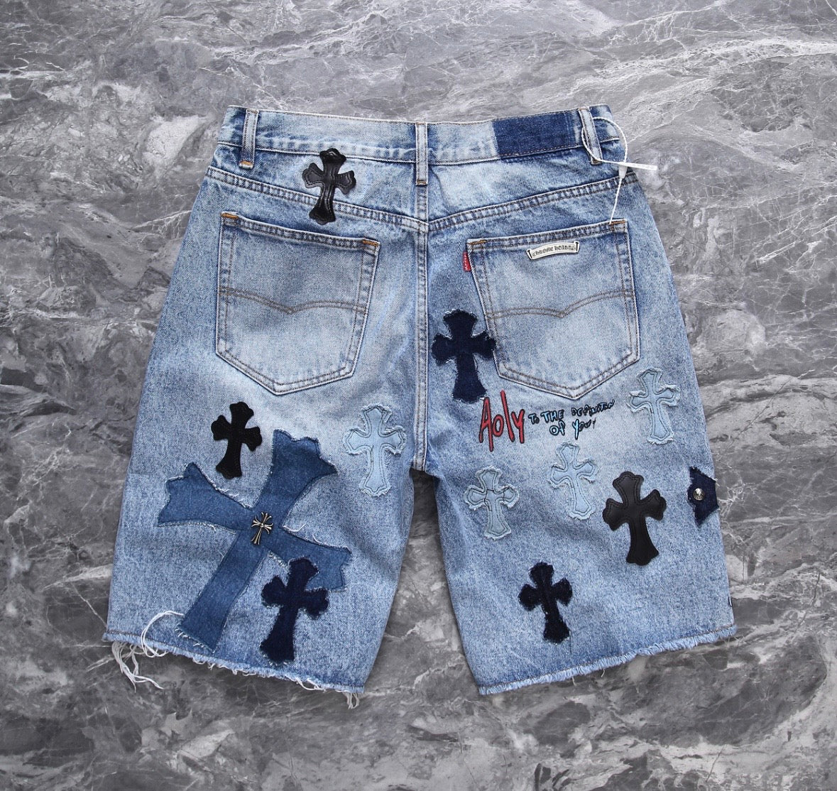 Bleach-Washed Multi-Style Cross Patchwork Jorts