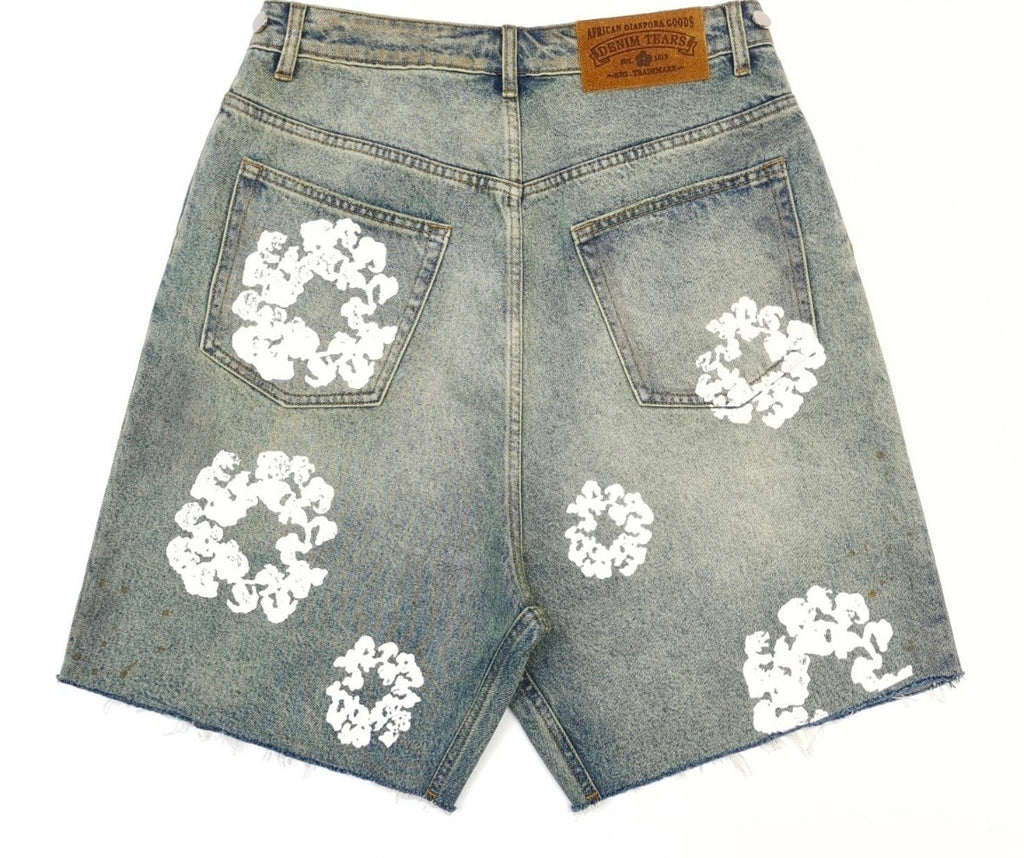 Bleach-Wash Rustic Denim Tears Jorts