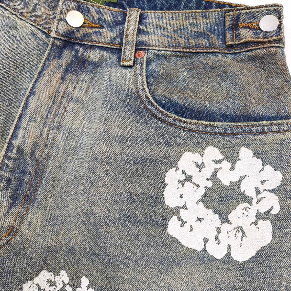 Bleach-Wash Rustic Denim Tears Jorts