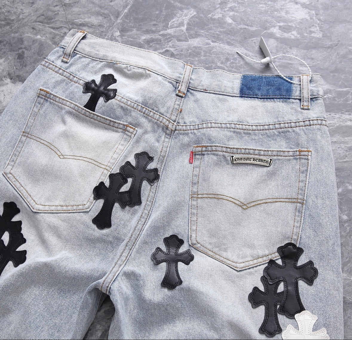 Heavy Bleach-Washed Black/White Cross Patchwork Jorts