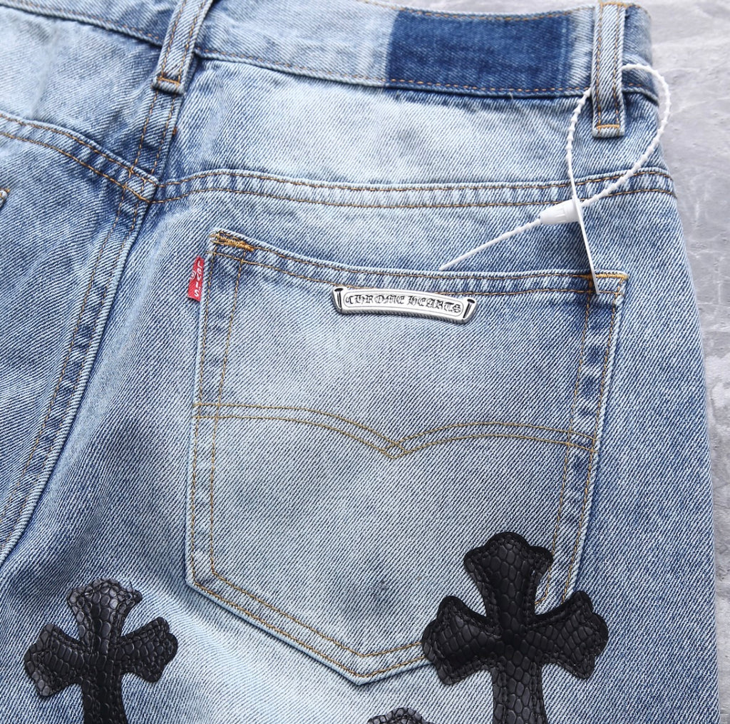 Bleach-Washed Black Cross Patchwork Jorts