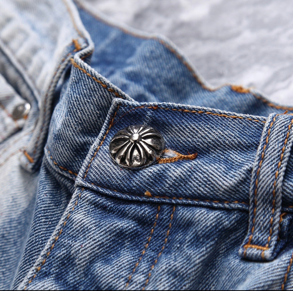 Bleach-Washed Multicolor Cross Patchwork Jorts