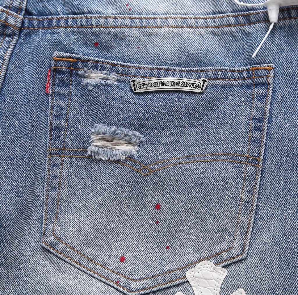 Bleach-Washed Multicolor Cross Patchwork Jorts