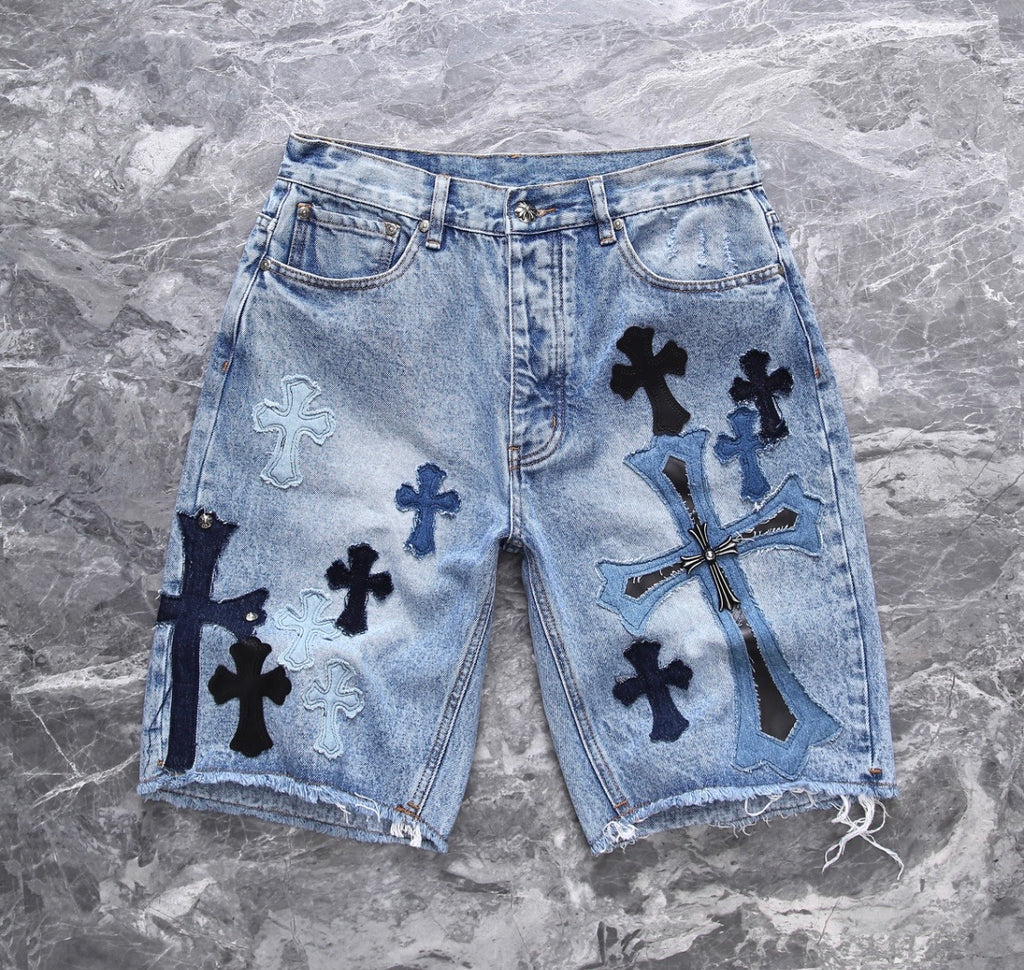 Bleach-Washed Multi-Style Cross Patchwork Jorts