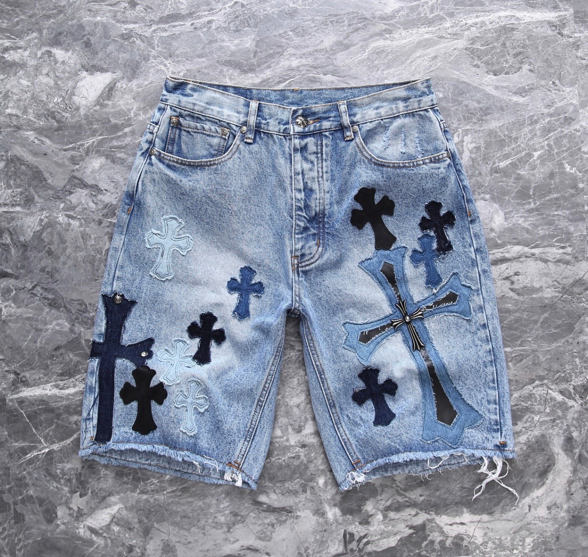 Bleach-Washed Multi-Style Cross Patchwork Jorts