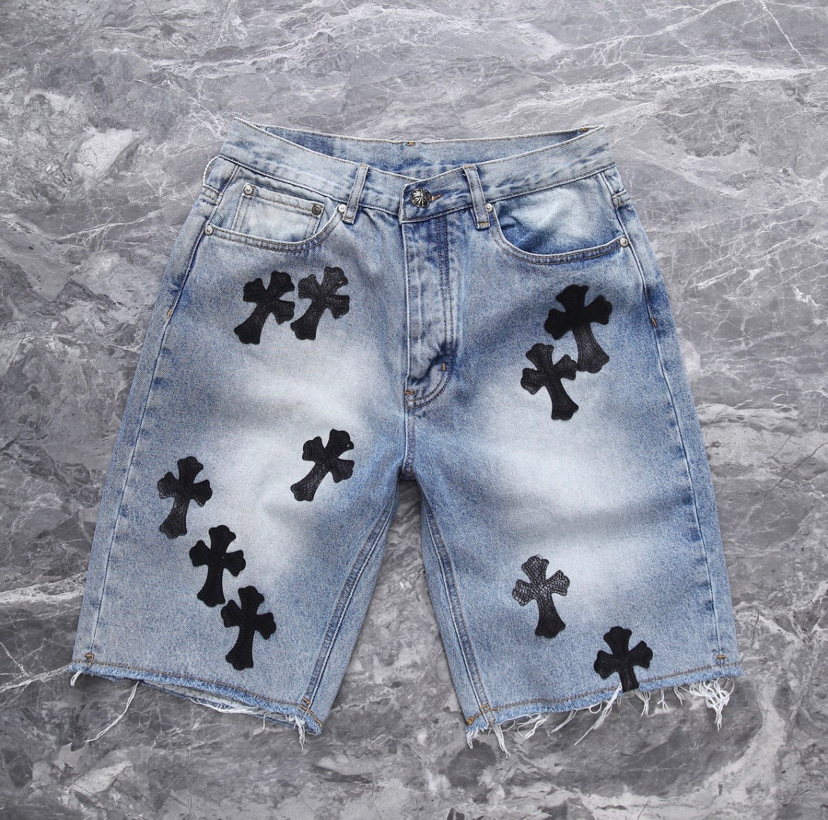 Bleach-Washed Black Cross Patchwork Jorts