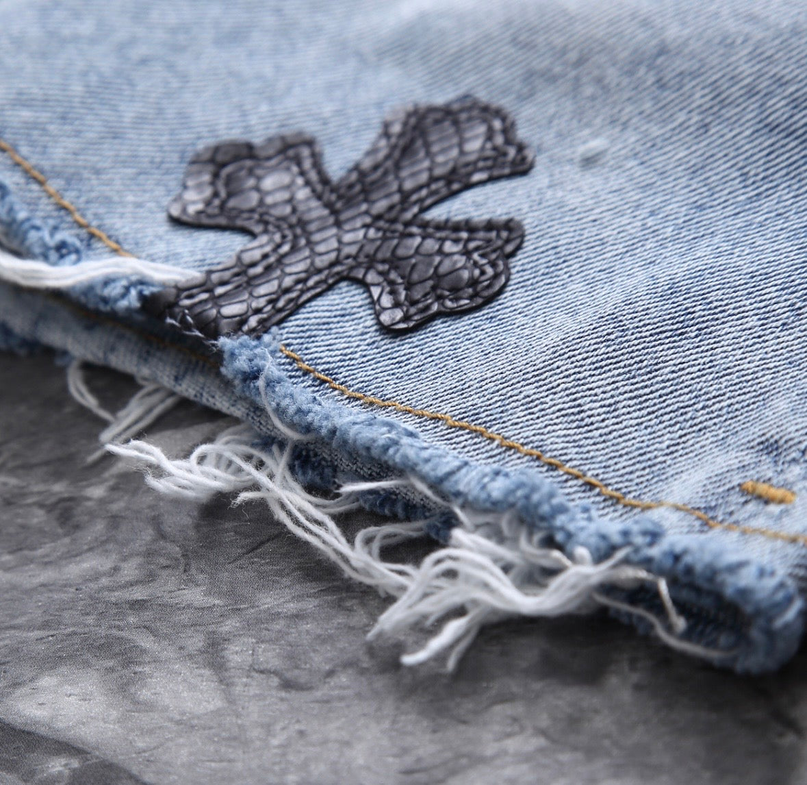 Bleach-Washed Black Cross Patchwork Jorts