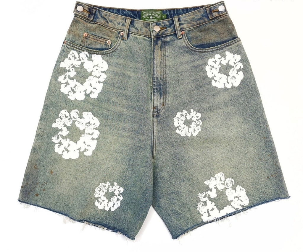 Bleach-Wash Rustic Denim Tears Jorts