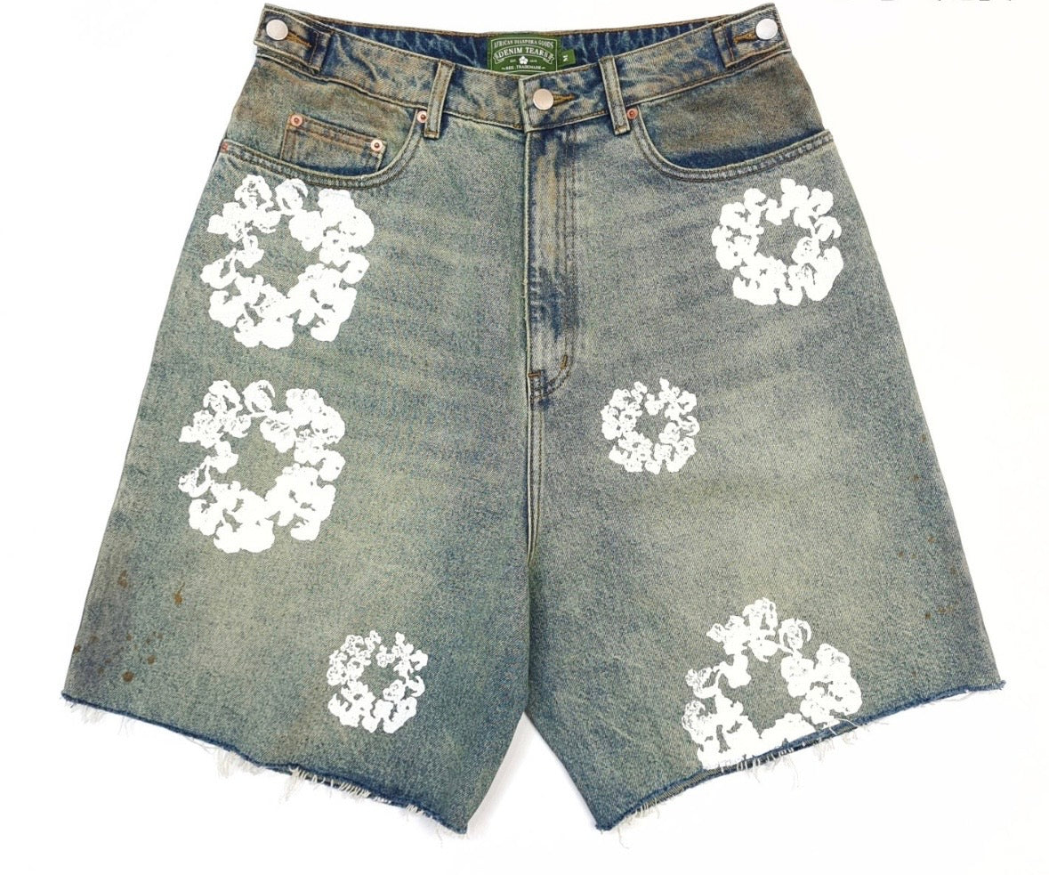 Bleach-Wash Rustic Denim Tears Jorts