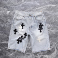 Heavy Bleach-Washed Black/White Cross Patchwork Jorts