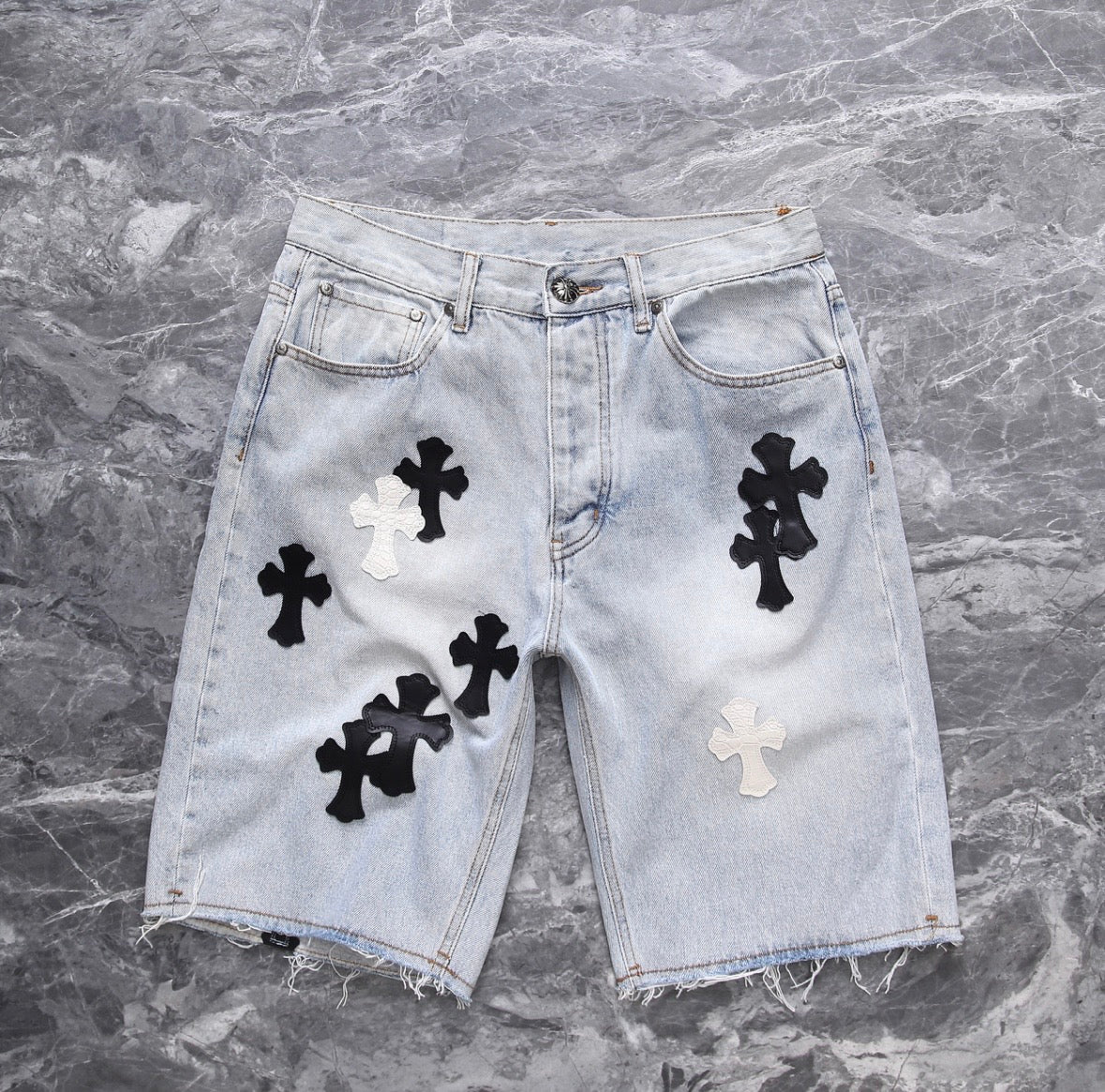 Heavy Bleach-Washed Black/White Cross Patchwork Jorts